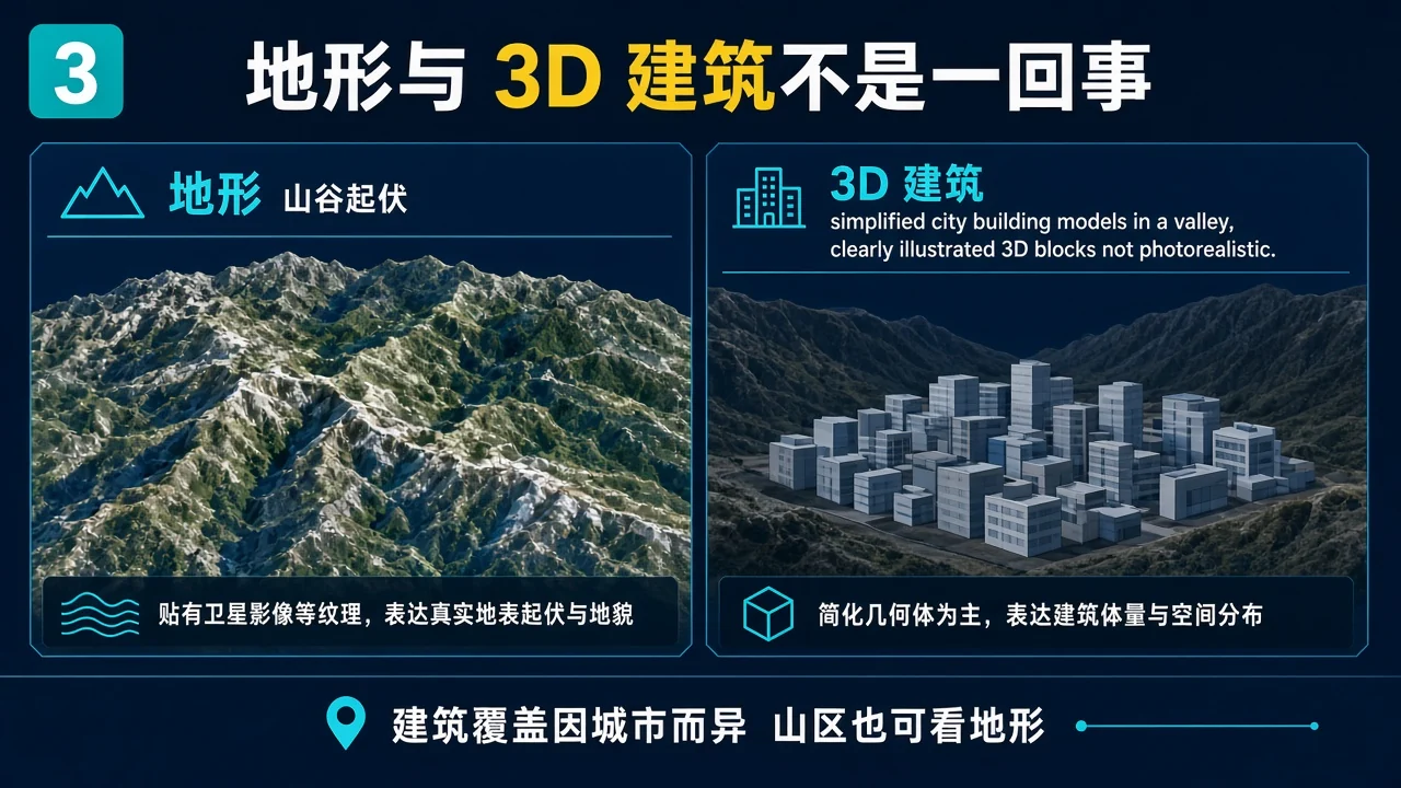 三维地形起伏与城市 3D 建筑模型对照信息图