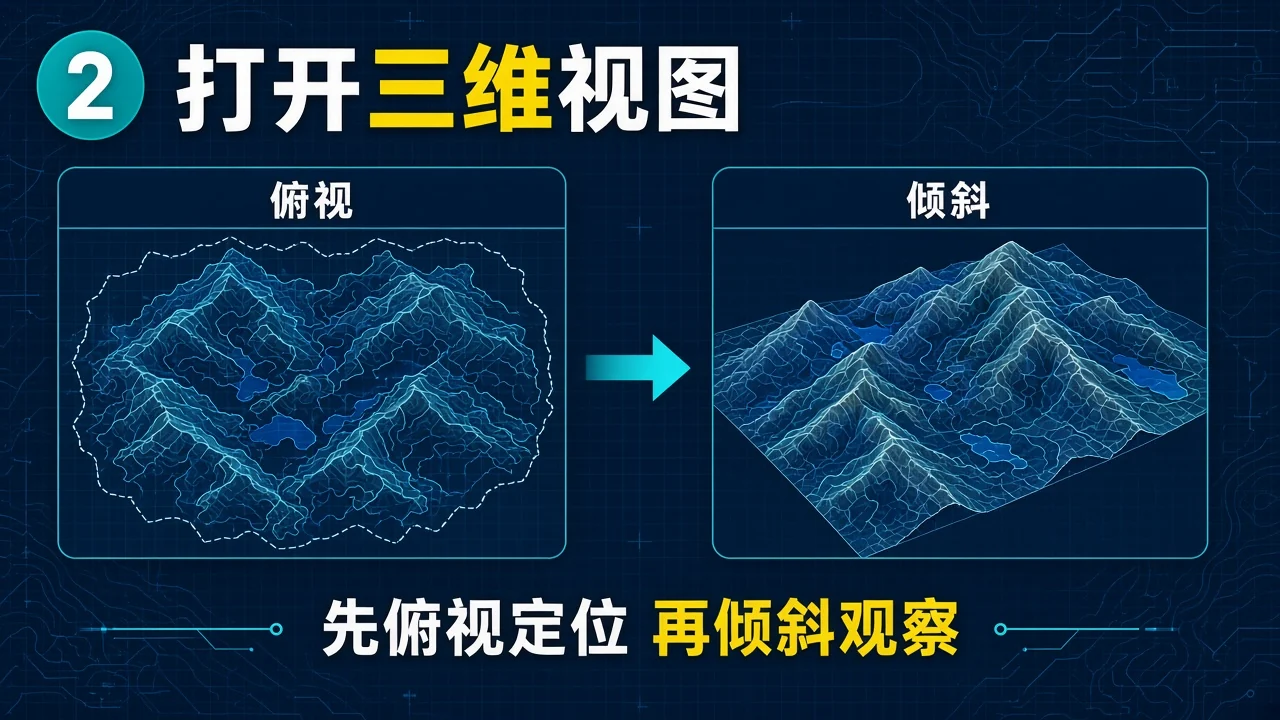 从俯视地图切换到倾斜三维视图的信息图