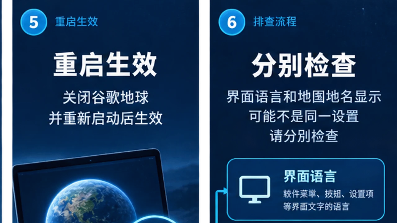谷歌地球中文设置重启生效与界面地名分别排查信息图