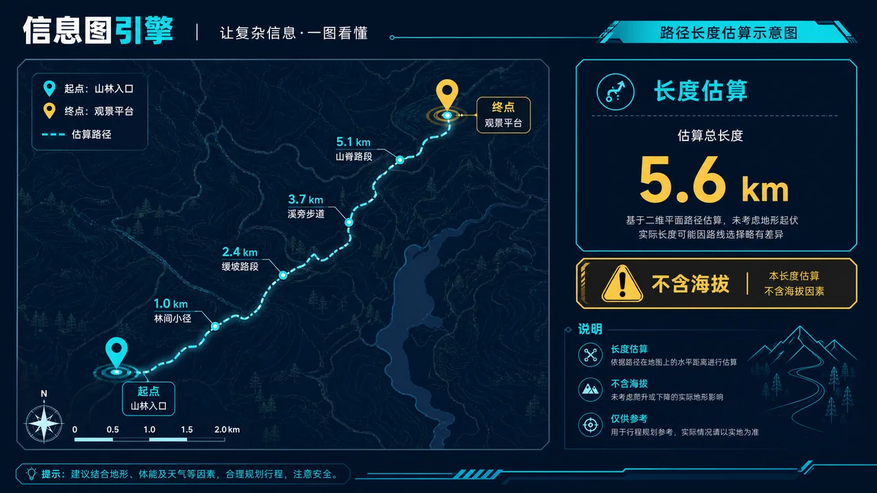路径平面长度估算且不含海拔变化的信息图