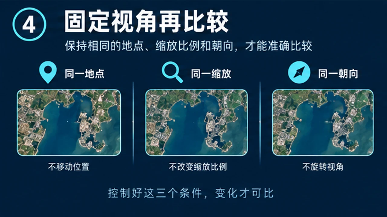 固定地点缩放比例和朝向比较历史卫星影像的信息图