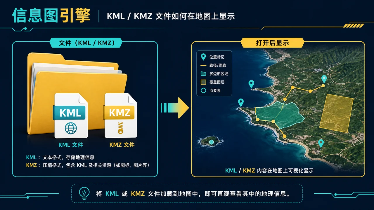 打开 KML 或 KMZ 后在地图上显示地点和路径的信息图