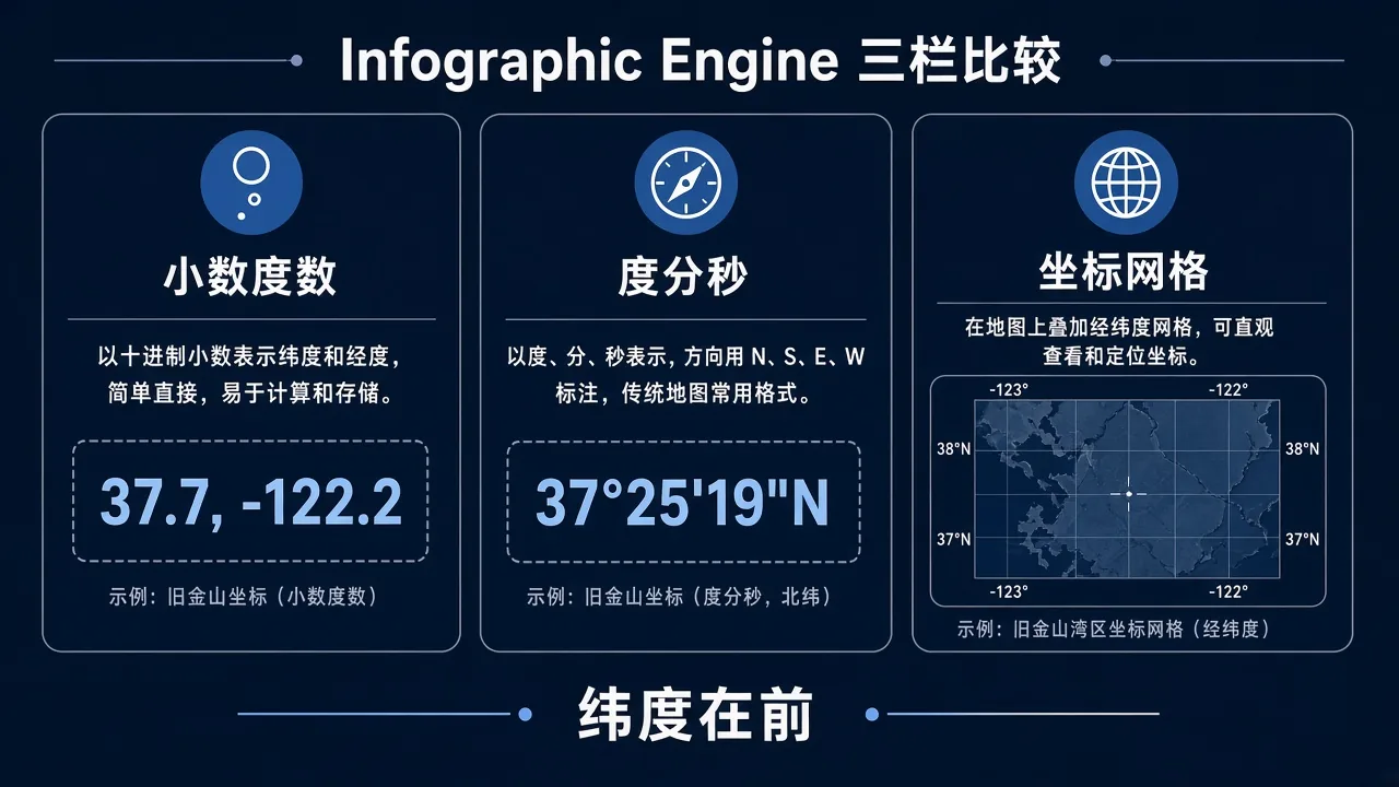 小数度数、度分秒和坐标网格三种经纬度表示对照信息图