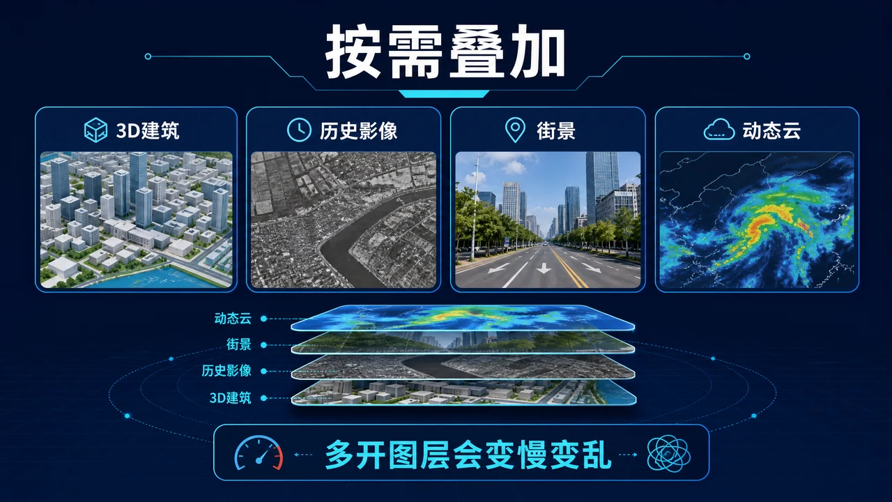 3D建筑历史影像街景和动态云按需叠加的信息图