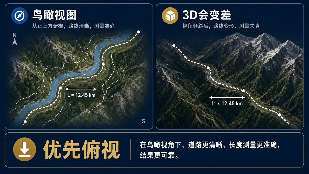鸟瞰俯视与倾斜 3D 视图对路径测量影响对照信息图