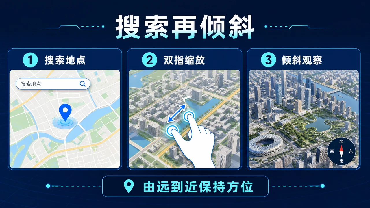 手机上搜索地点、双指缩放和倾斜观察三步信息图