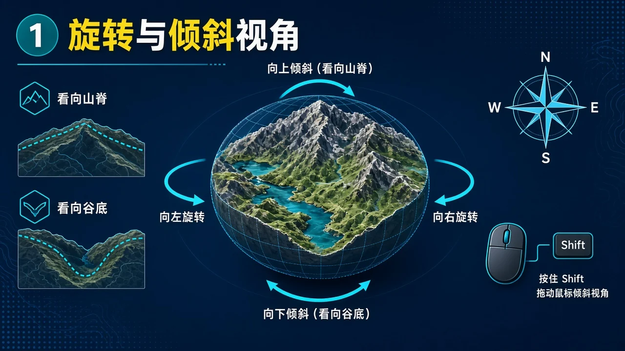 Google Earth 怎么旋转和倾斜视角?3D 地球操作指南