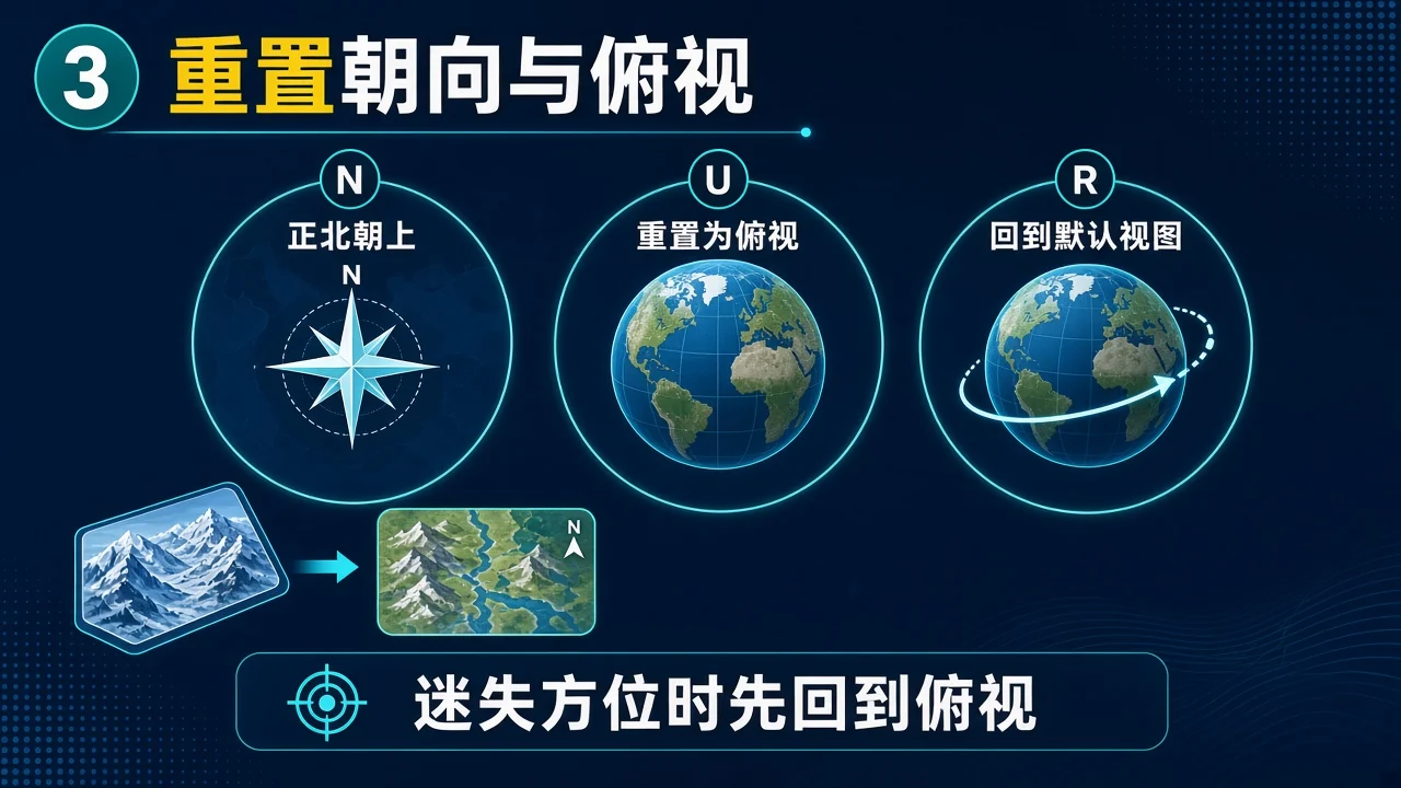 用正北、俯视和默认视图重置 3D 地球视角的信息图