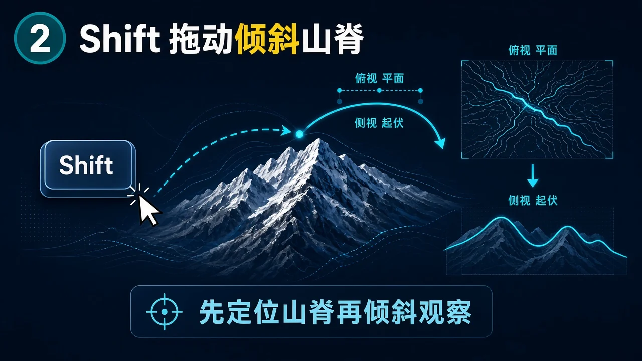 按住 Shift 拖动将俯视地图倾斜到山脊侧面的信息图