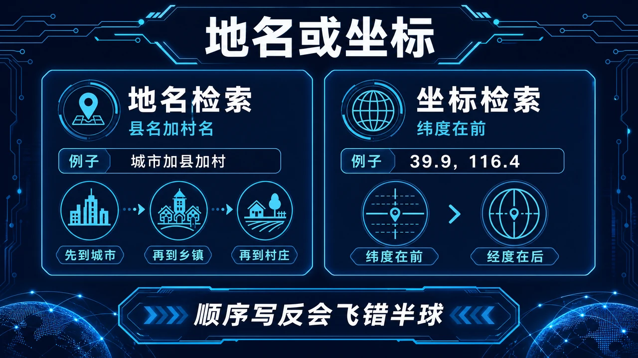 用地名补全行政区或按纬度在前输入坐标的信息图