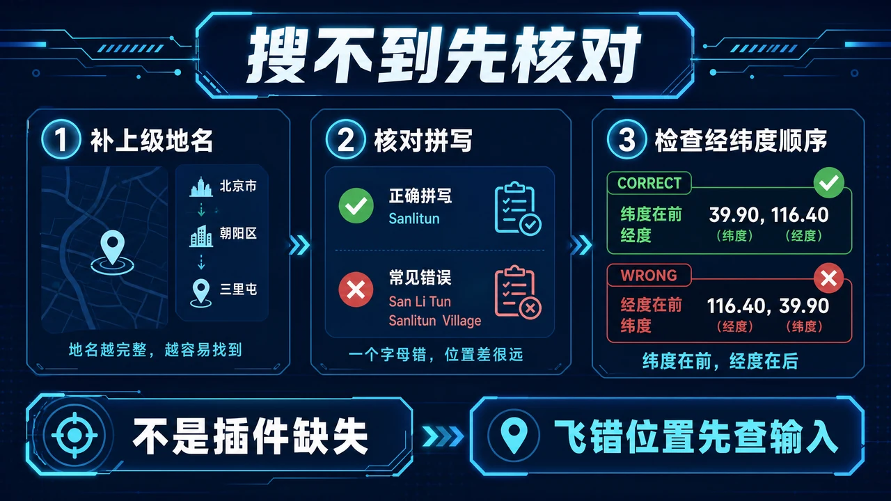 搜不到时先补地名、核对拼写和坐标顺序的信息图