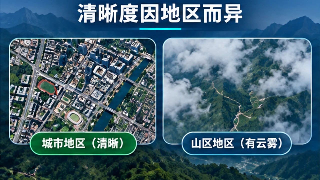 城市和山区卫星影像清晰度差异信息图