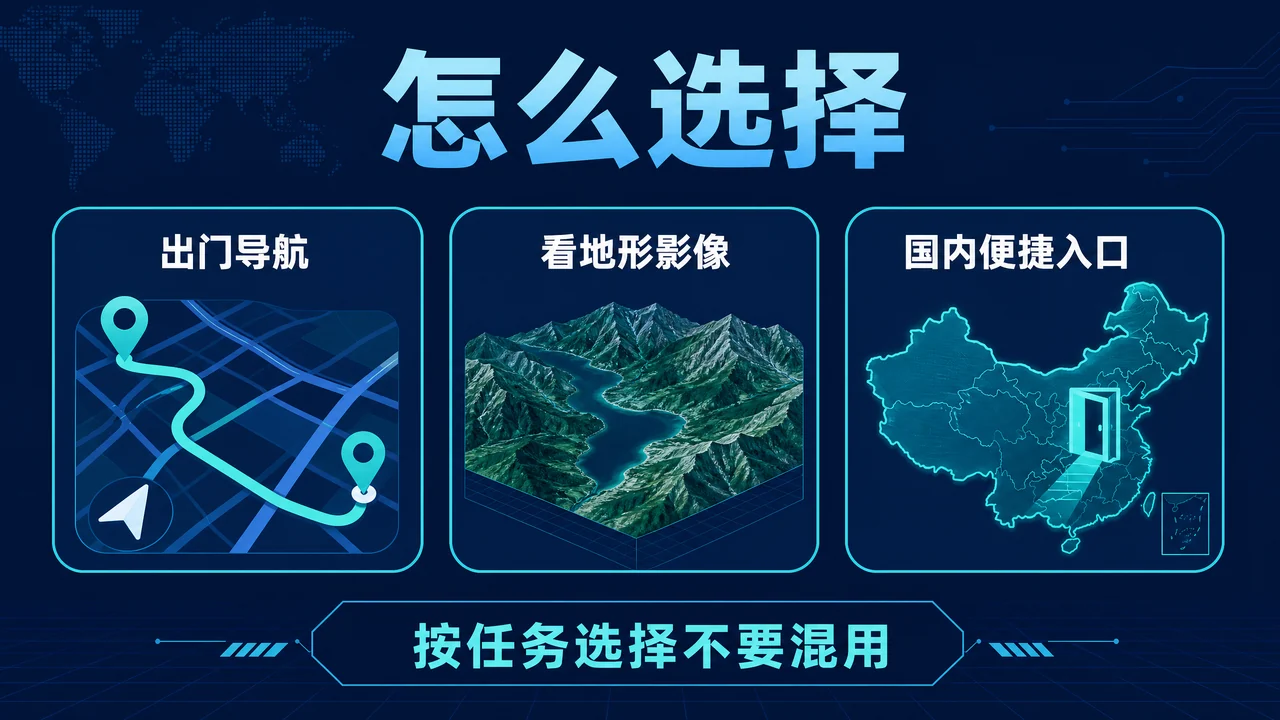 按出门导航、看地形影像和国内入口选择地图产品的信息图