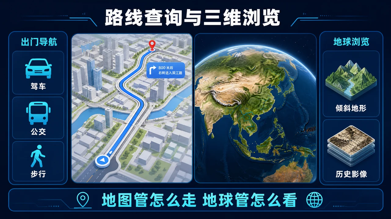 谷歌地图路线查询与 Google Earth 三维浏览对照信息图