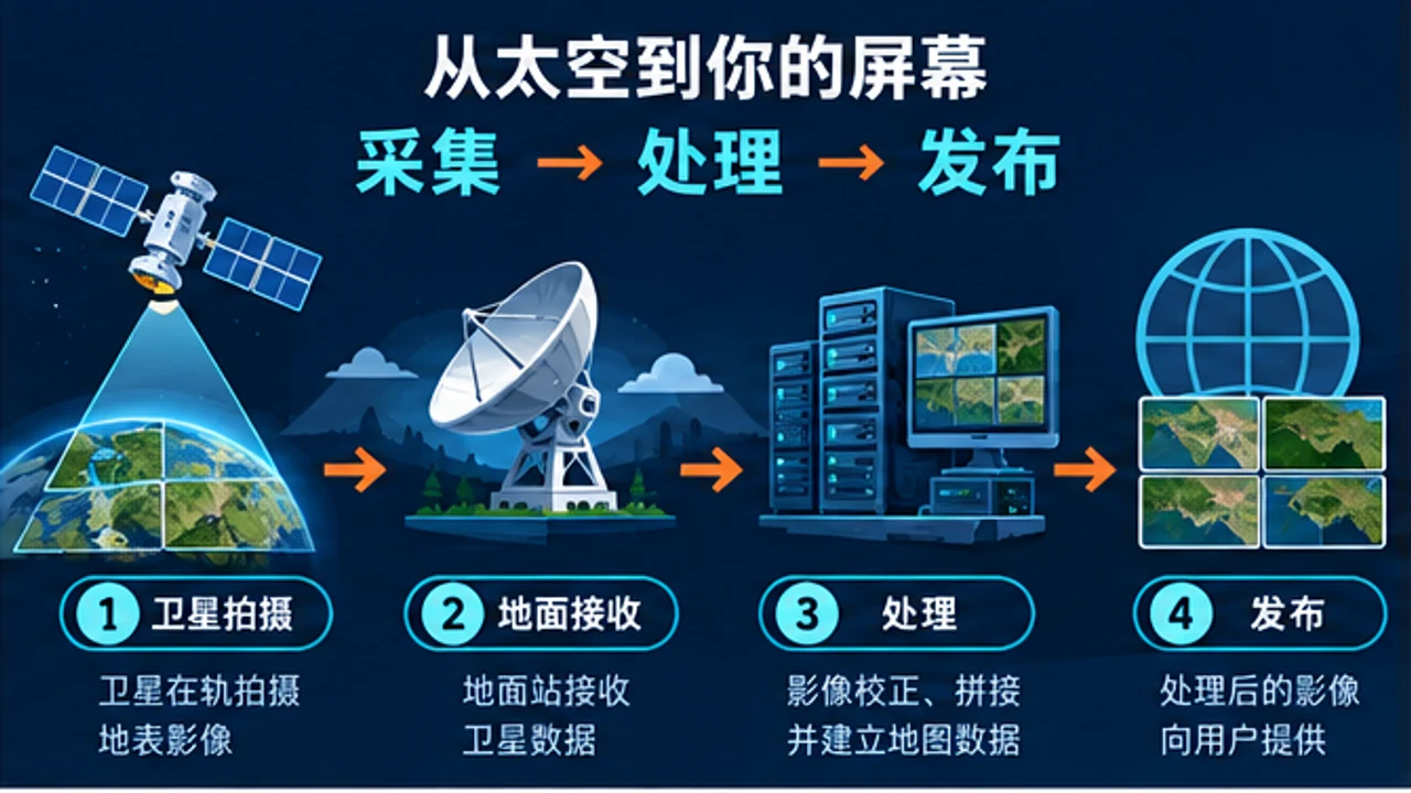 卫星影像从采集接收到处理发布的流程信息图