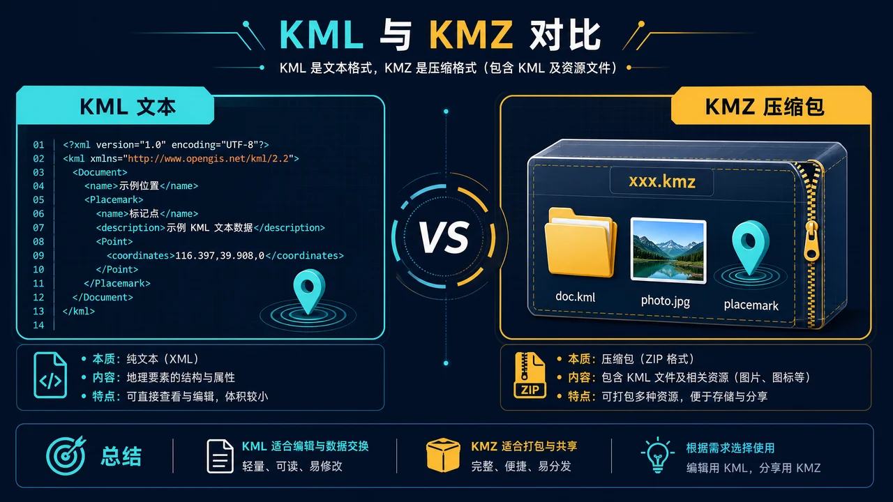 KML 文本文件与 KMZ 压缩包对照信息图