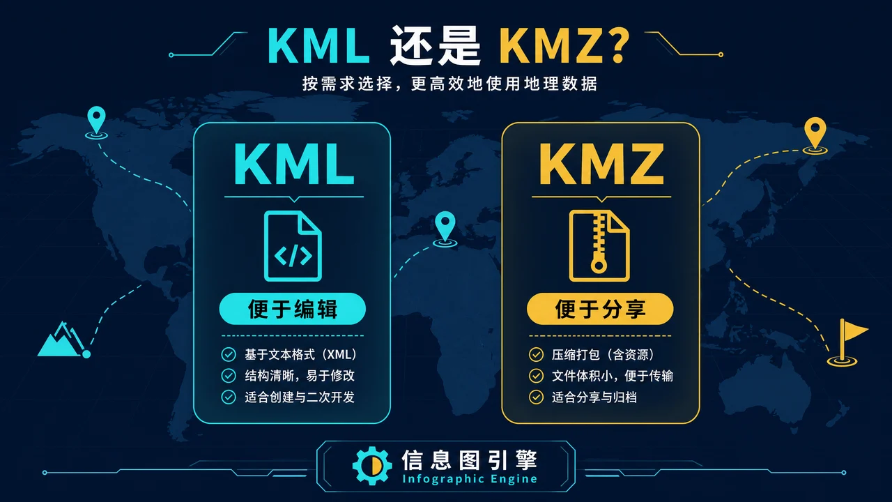 KML 便于编辑、KMZ 便于分享的选择信息图