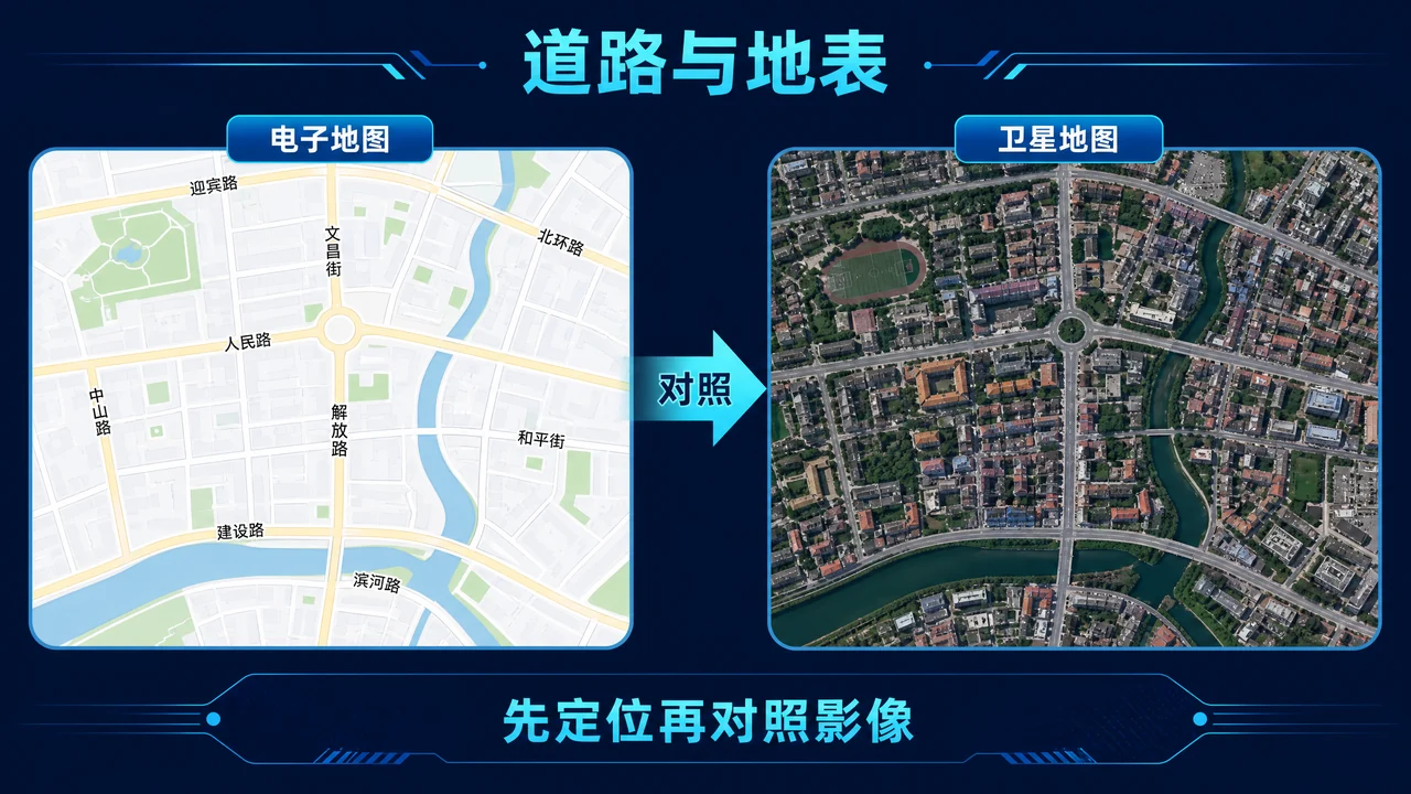 电子地图道路名称与卫星地图地表纹理对照信息图