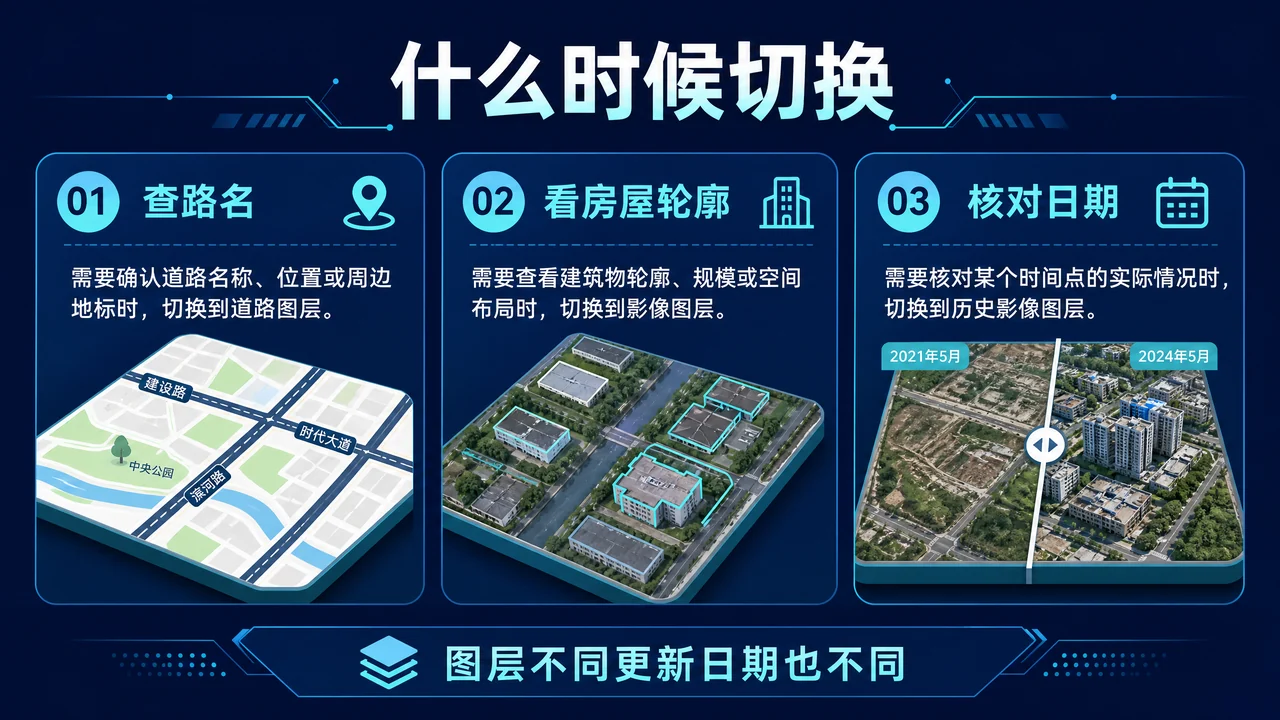查路名、看房屋轮廓和核对照片日期三种切换场景信息图