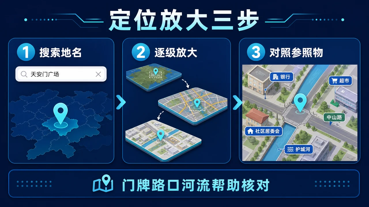 搜索地名、逐级放大并对照路口河流的三步信息图