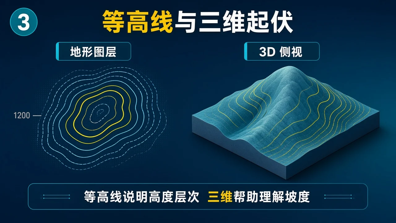 地形等高线与三维山体起伏对照信息图