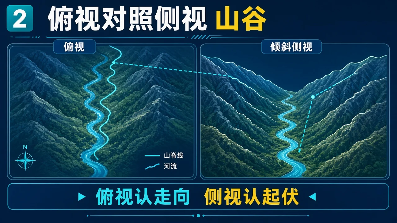 同一山脉俯视走向与倾斜侧视山谷对照信息图