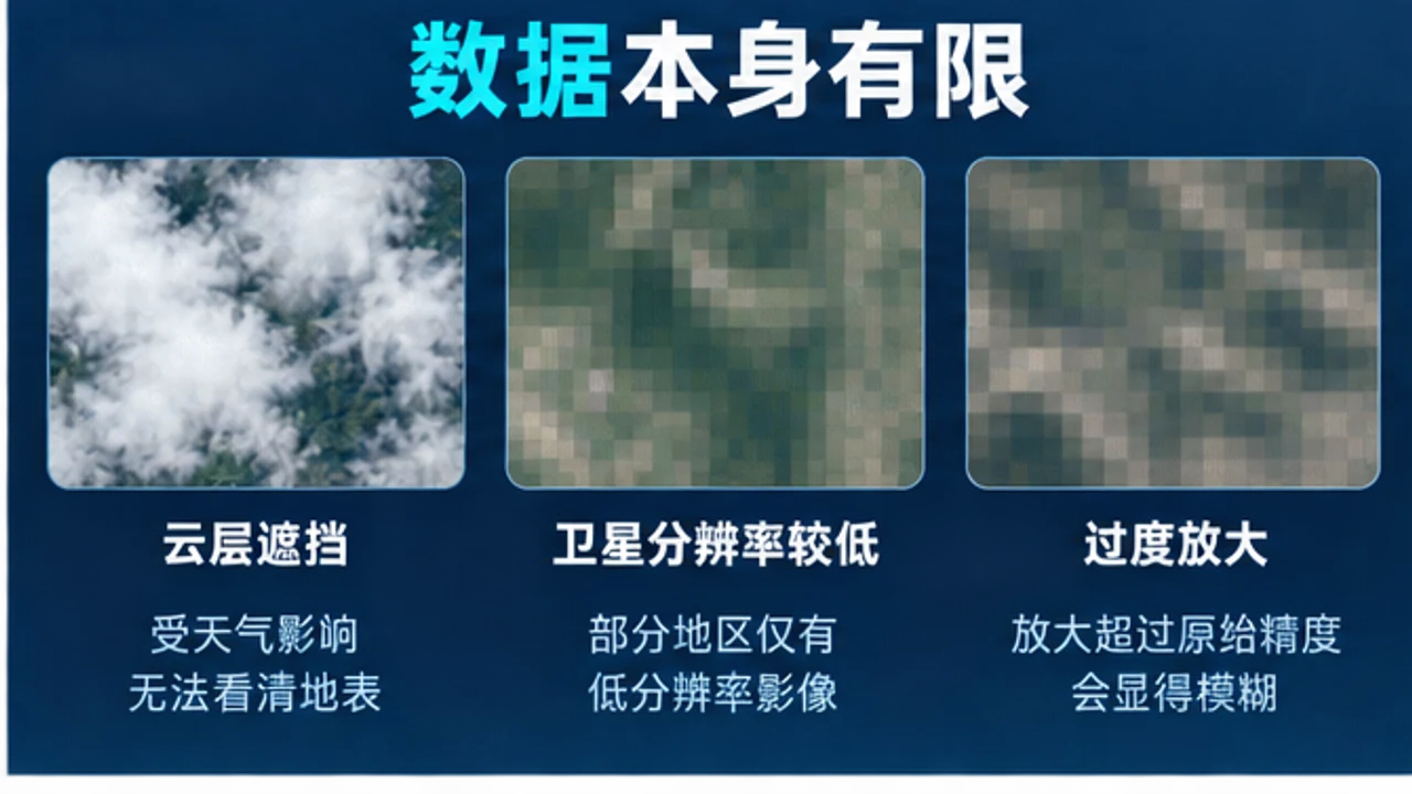 云层低分辨率和过度放大造成卫星地图模糊的信息图