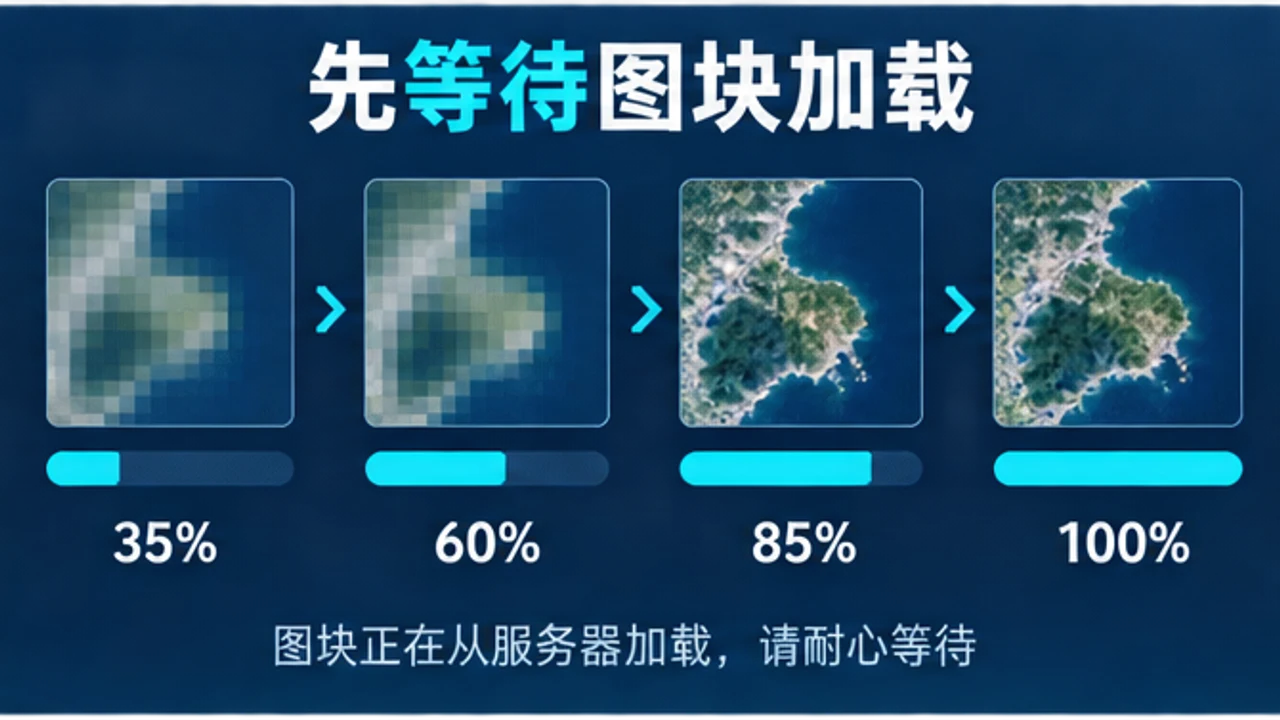 Google Earth 卫星图块从模糊到加载完成的信息图