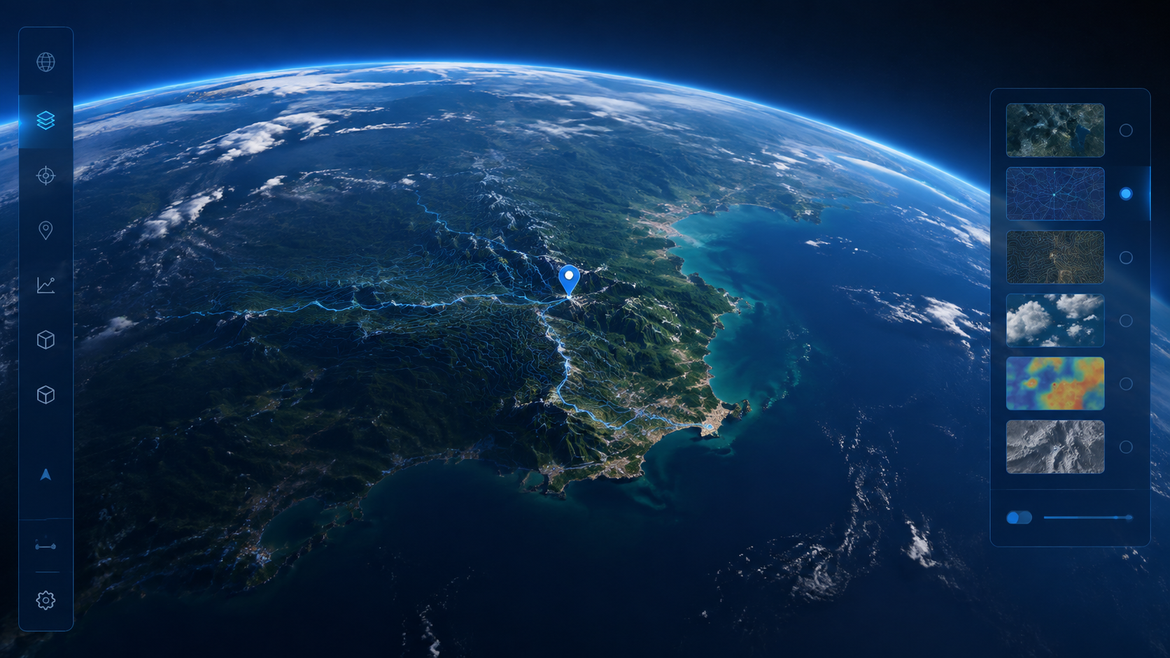 三维地球地图与图层切换界面示意